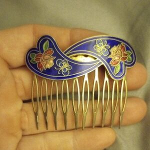 Elegant  Cloisonne Blue Floral Hair Comb, EUC